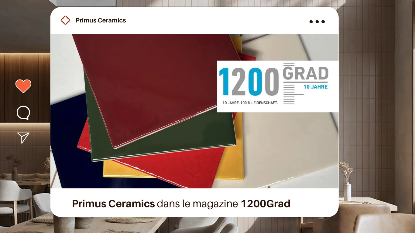 Carreaux brillants de la collection Technical de Primus Ceramics en rouge, vert, jaune et bleu, avec le logo du magazine 1200Grad